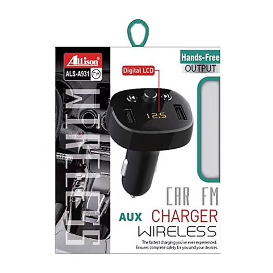 FM Transmitter Με Bluetooth 2 USB Οθόνη LCD Και Τηλεχειριστήριο Als-A931 12 Volt Μαύρο 1 Τεμάχιο