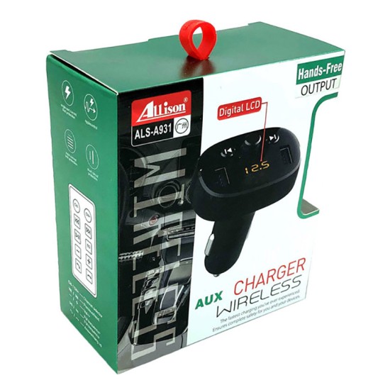 FM Transmitter Με Bluetooth 2 USB Οθόνη LCD Και Τηλεχειριστήριο Als-A931 12 Volt Μαύρο 1 Τεμάχιο