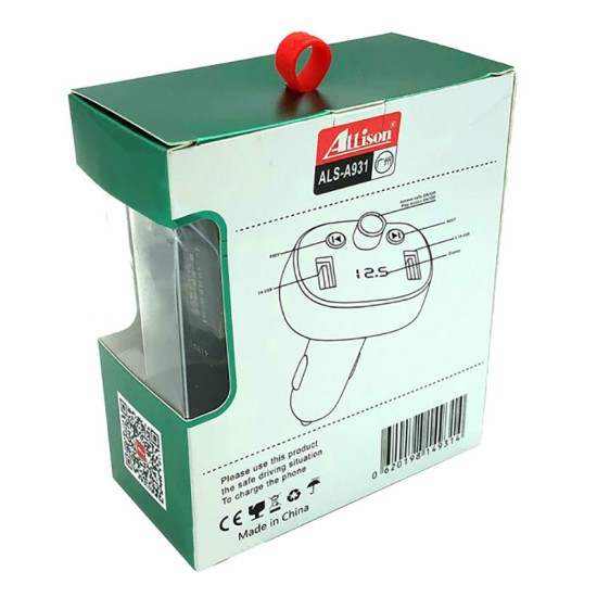 FM Transmitter Με Bluetooth 2 USB Οθόνη LCD Και Τηλεχειριστήριο Als-A931 12 Volt Μαύρο 1 Τεμάχιο