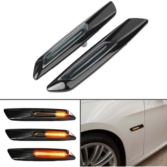Πλαϊνά Φλας Φτερού Για Bmw 1 E81 / E82 / E87 / E88 / 3 E90 / E91 / E92 / E93 / X1 E84 / X3 E83 / F10 Look Led Dynamic Γυαλιστερό Μαύρο / Φιμέ 2 Τεμάχια