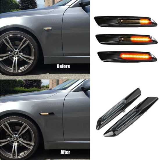 Πλαϊνά Φλας Φτερού Για Bmw 1 E81 / E82 / E87 / E88 / 3 E90 / E91 / E92 / E93 / X1 E84 / X3 E83 / F10 Look Led Dynamic Γυαλιστερό Μαύρο / Φιμέ 2 Τεμάχια