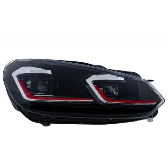 Μπροστινά Φανάρια Set Για Vw Golf VI (6) 08-12 DRL & Led Signal Dynamic Look Golf 7,5 Μαύρα Με Κόκκινη Γραμμή H7 Με Μοτέρ Carner