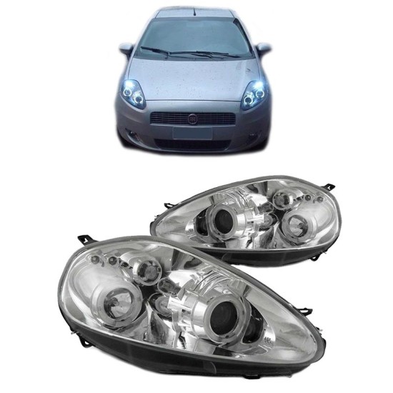 Μπροστινά Φανάρια Set Για Grande Punto 05-08 Angel Eyes & Led Χρωμίου H1/H1 JunYan