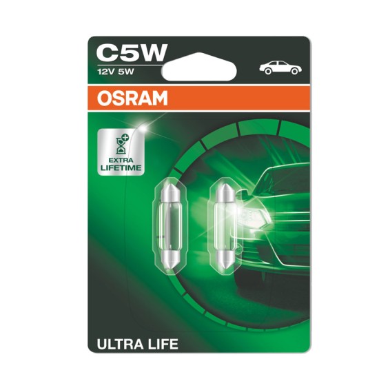 Λάμπα Σωληνωτή 36mm C5W SV8.5-8 12V 5W Ultra Life Osram 6418ULT 2 Τεμάχια