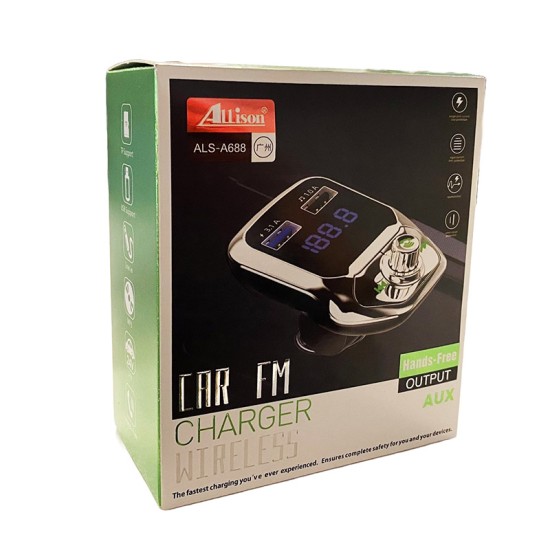 Fm Transmitter Με Bluetooth, Φορτιστής 2 USB, Οθόνη LCD Και Τηλεχειριστήριο Als-A688 24 Volt Ασημί-Μαύρο 1 Τεμάχιο