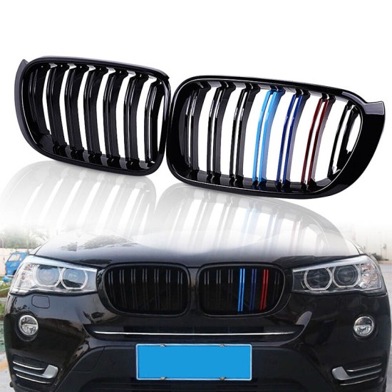 Καρδιές Μάσκας Για Bmw X3 F25 LCI 14-17 / X4 F26 14-17 M4 Look Με Διπλή Γρίλια Tri-Color Μαύρο Γυαλιστερό Με 7 Γρίλιες 2 Τεμάχια