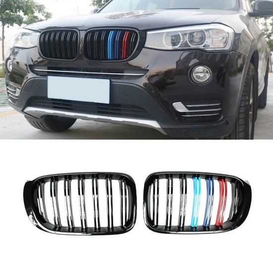 Καρδιές Μάσκας Για Bmw X3 F25 LCI 14-17 / X4 F26 14-17 M4 Look Με Διπλή Γρίλια Tri-Color Μαύρο Γυαλιστερό Με 7 Γρίλιες 2 Τεμάχια