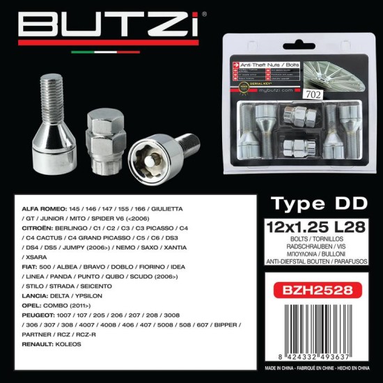 Αντικλεπτικά Μπουλόνια Ασφαλείας Butzi Premium Kit 6 pcs Με Μοναδικό Κλειδί-Εργαλείο Type-DD M12x1.25 L28 T17