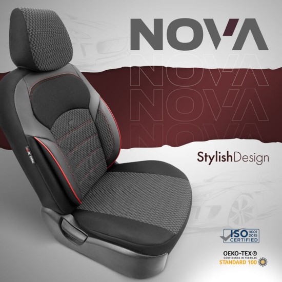 Καλύμματα Αυτοκινήτου Otom "Nova" Universal Ύφασμα Jacquard / Δερματίνη Σετ Εμπρός / Πίσω 11 Τεμαχίων Μαύρο / Κόκκινο NOV-3302