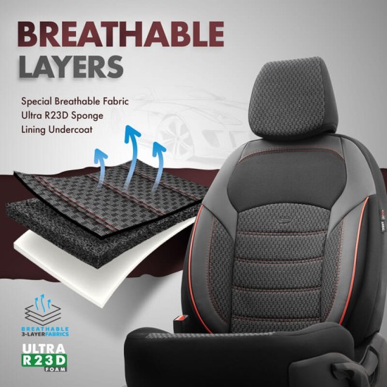 Καλύμματα Αυτοκινήτου Otom "Nova" Universal Ύφασμα Jacquard / Δερματίνη Σετ Εμπρός / Πίσω 11 Τεμαχίων Μαύρο / Κόκκινο NOV-3302