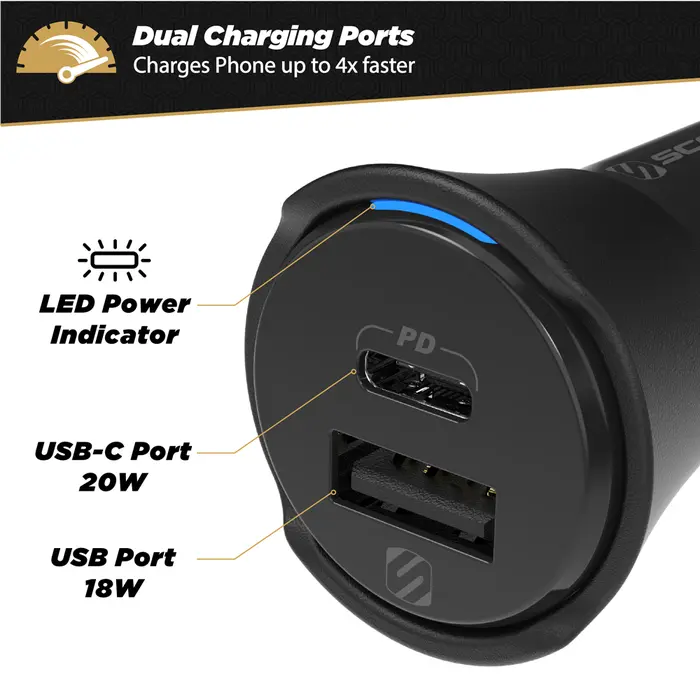 Scosche CPDCA38-SP Dual-Port USB-C & USB-A Quick Car Charger-